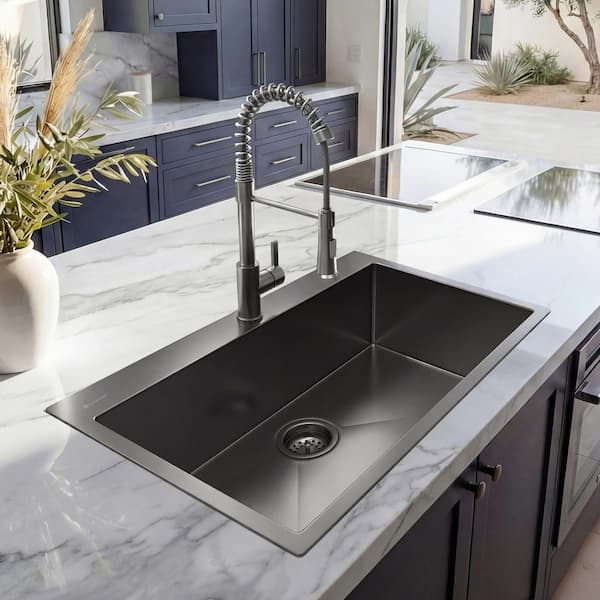 33 in. Drop-In Single Bowl 18 Gauge Gunmetal Black Stainless Steel Kitchen Sink with Black Spring Neck Faucet