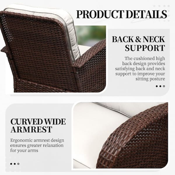 3-piece Brown Wicker Outdoor Rocking Chairs with White Cushions