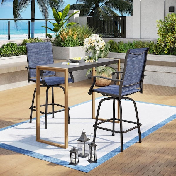 Black 3-Piece Metal Rectangle Outdoor Patio Bar Set with Sea Stone Tabletop Design and Swivel Bistro Chairs