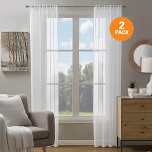 Voile White 38 in. W x 84 in. L Rod Pocket Sheer Curtains (Set of 2)