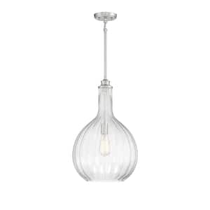 Brandon 14 in. W x 22 in. H 1-Light Satin Nickel Pendant with Fluted Blown Glass Shade