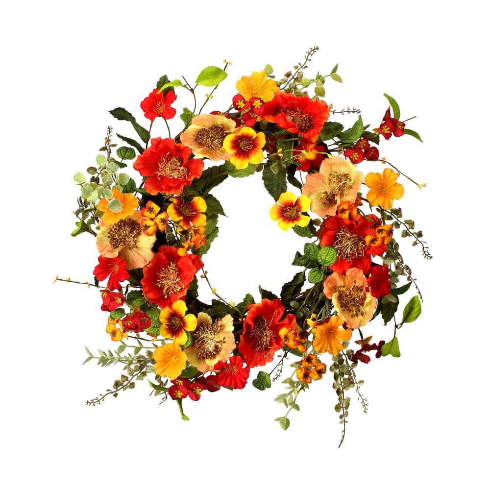 Regency International 20 in. Artificial Mixed Poppy Wreath, Red, Orange ...