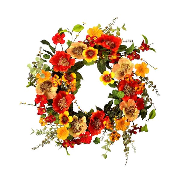 Regency International 20 in. Artificial Mixed Poppy Wreath, Red, Orange