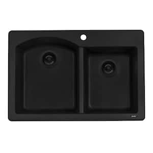 33 in. Midnight Black Double Bowl Dual-Mount Granite Composite Kitchen Sink