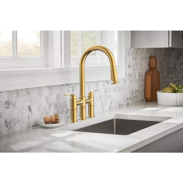 Kinzie Double Handle Pull Down Sprayer Bridge Kitchen Faucet 1.75 GPM in Brushed Bronze