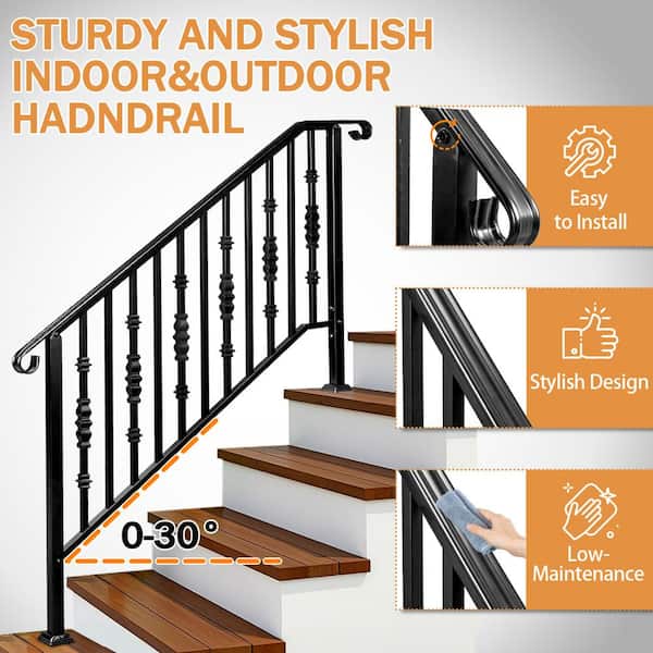 Black Wrought Iron Stair Handrail - 60cm (2ft) Wall Mounted Indoor/Outdoor Safety Railing