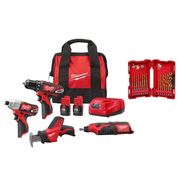 Milwaukee M12 12V Lithium-Ion Cordless 4-Tool Combo Kit with (2) Compact 1.5Ah Batteries and Charger w SHOCKWAVE Bit Set (23-Pc)