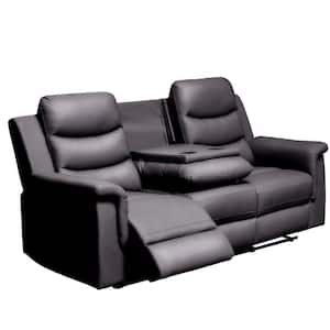 Black Manual PU Leather Stretch 3 Seats Reclining Lounge Sofa Chair with Middle Console Slipcover