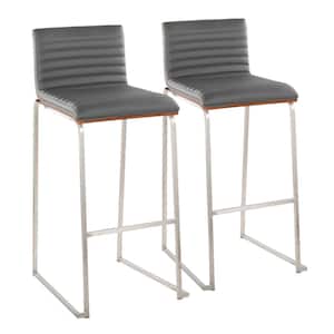 Mason Mara 30.75 in. Grey Faux Leather & Stainless Steel Metal High Back Bar Stool with Walnut Wood Seat Back (Set of 2)