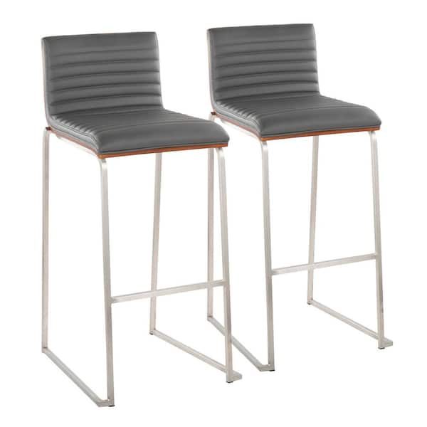 Lumisource Mason Mara 30.75 in. Grey Faux Leather & Stainless Steel Metal High Back Bar Stool with Walnut Wood Seat Back (Set of 2)