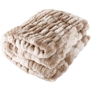 Oversized Taupe Faux Fur Blanket-60 x 80 in. Ruched Polyester Fur Blanket-Throw Blanket for Bed or Couch