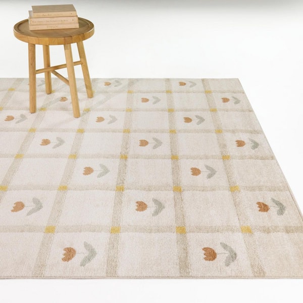 Linden Beige 5 ft. x 7 ft. Boho Floral Check Area Rug