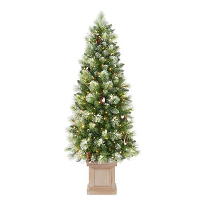 5 ft. Shimmering Frosted Potted Pine Pre-Lit LED Artificial Christmas Tree with 150 Warm White Micro Fairy Lights