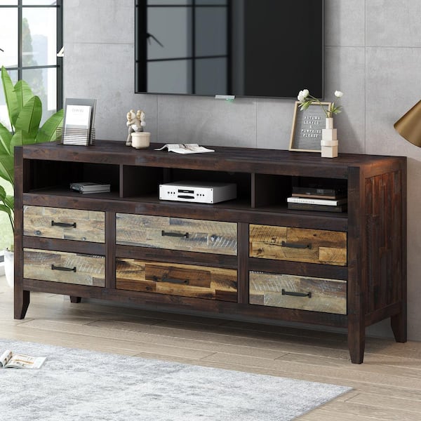 Harper & Bright Designs Retro Distressed Brown Wood TV Stand Entertainment Center Fits TVs up to 65 in. with 6 Drawers and 3 Shelves
