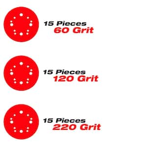 5 in. 60-Grit, 120-Grit and 220-Grit Universal Hole Random Orbital Sanding Disc with Hook and Lock Backing (45-Pack)