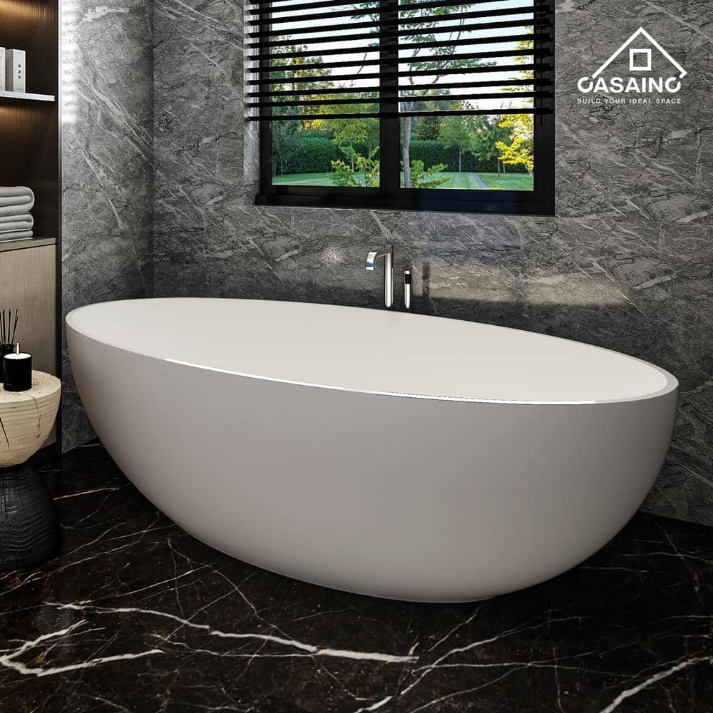 White Oval Freestanding Resin Soaking Bathtub