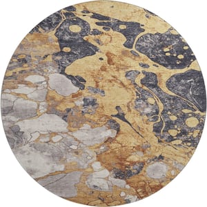Mayfield Premium Machine Washable Abstract AMF1909 Gold 8 ft. x 8 ft. Round Rug