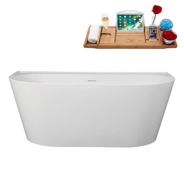 63 in. x 30 in. Acrylic Freestanding Soaking Bathtub in Glossy White With Glossy White Drain, Bamboo Tray