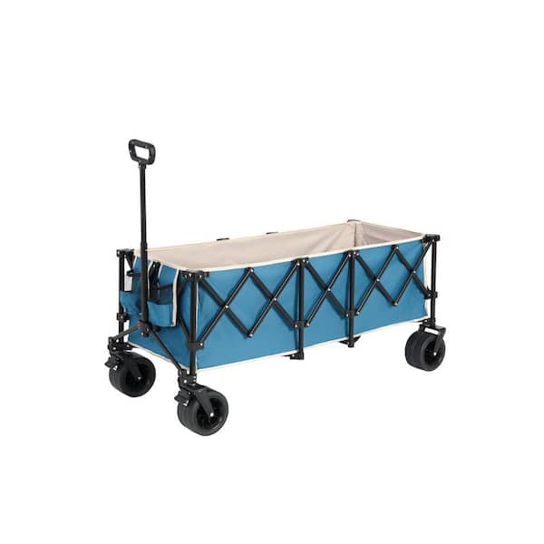 16 cu. ft. Steel Garden Cart, Foldable Extended Wagon with 220lbs Capacity, Big All-Terrain Wheel&Drink Holder in Blue