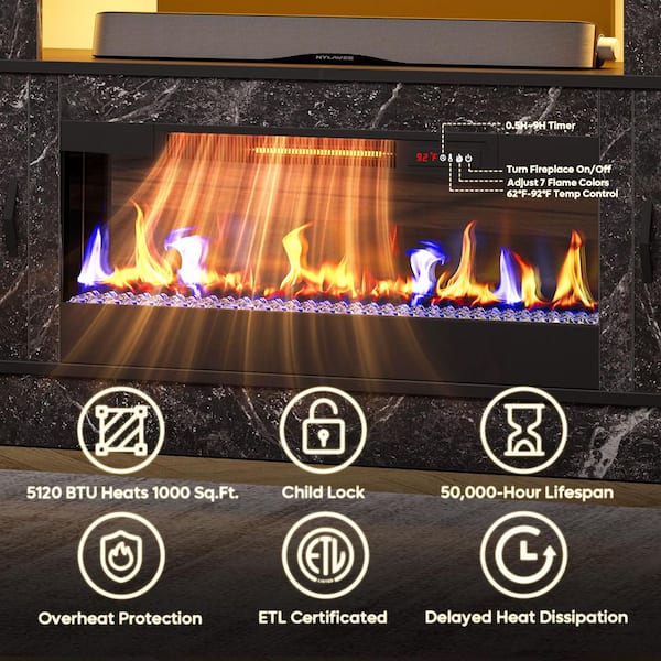 Bestier 63 in. Black Marble TV Stand with Electric Fireplace Fits