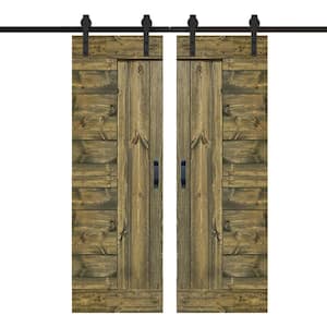 L Series 60 in. x 84 in. Aged Barrel Finished Solid Wood Double Sliding Barn Door with Hardware Kit - Assembly Needed
