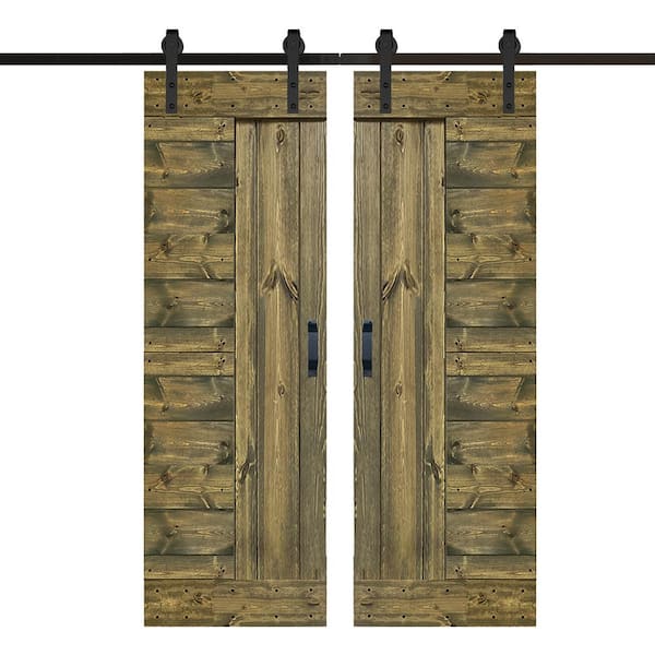 ISLIFE L Series 60 in. x 84 in. Aged Barrel Finished Solid Wood Double Sliding Barn Door with Hardware Kit - Assembly Needed