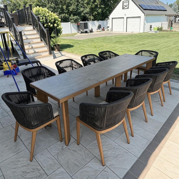 11-Piece Aluminum Wicker Dining Table Oversize and Armchairs Patio Outdoor Dining Set Furniture Set with Cushions, Grey