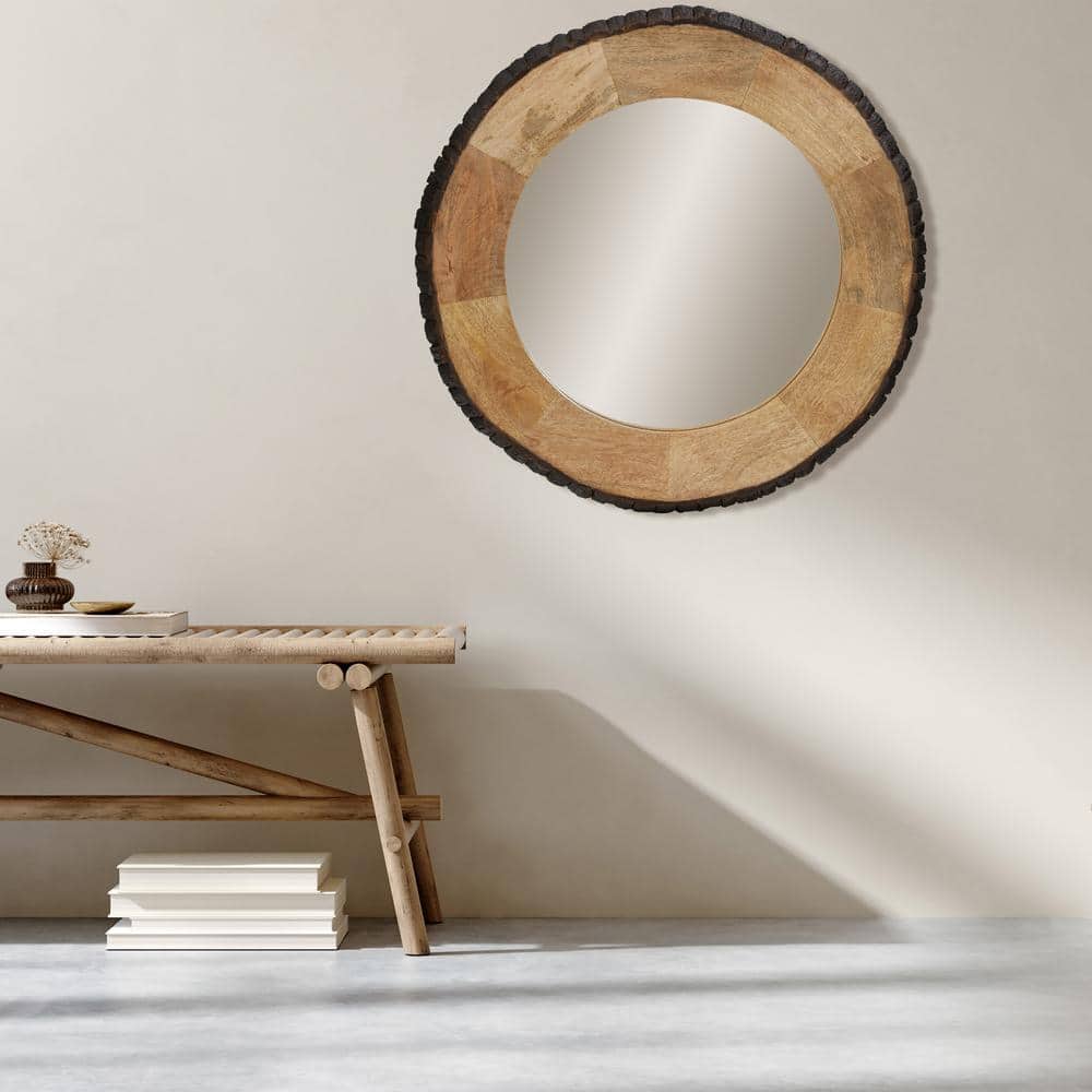 30.5" Round Brown Mango Wood and Glass Wall Mirror