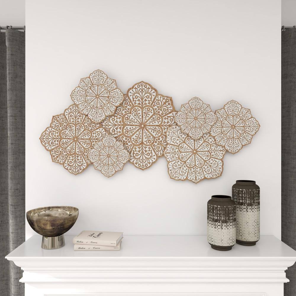 White and Natural Wood Intricately Carved Floral Wall Decor