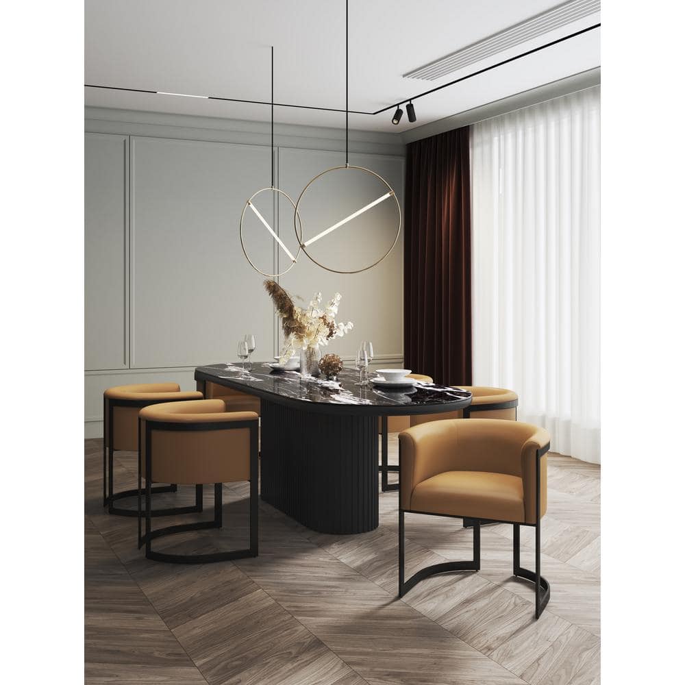 Tan Faux Leather Barrel Dining Chair with Black Metal Frame