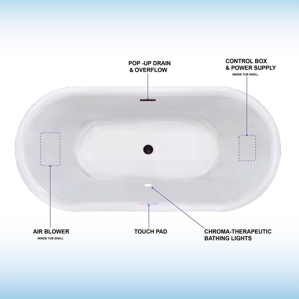 67" White Freestanding Acrylic Air Soaking Bathtub with 208 Jets