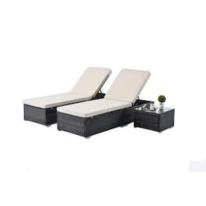3-Piece Wicker and Steel Frame Outdoor Chaise Lounge with Adjustable Backrest, Removable Beige Cushion and Coffee Table