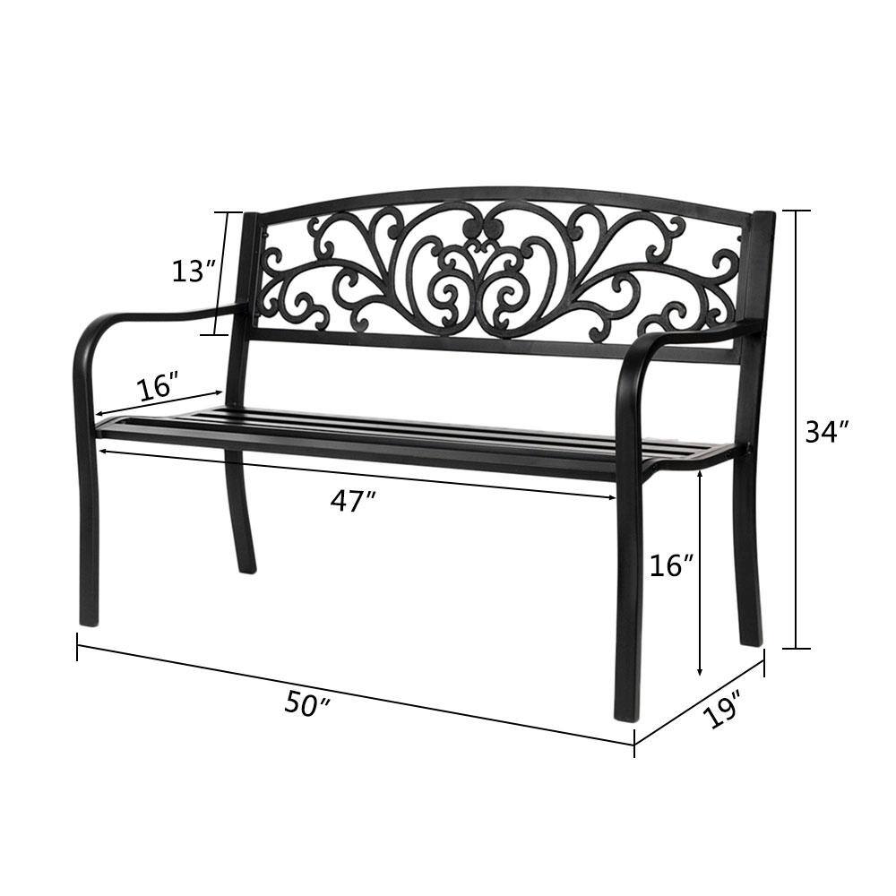 Black Powder Coated Steel Outdoor Bench with Cast Iron Backrest