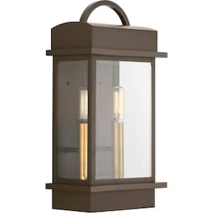 Santee Collection 2-Light Antique Bronze Clear Beveled Glass Farmhouse Outdoor Medium Wall Lantern Light