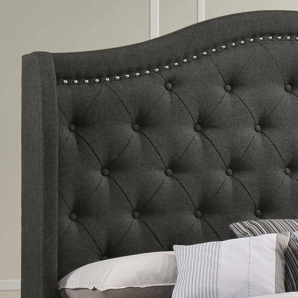 Gray Full Upholstered Bed with Tufted Headboard and Nailhead Trim