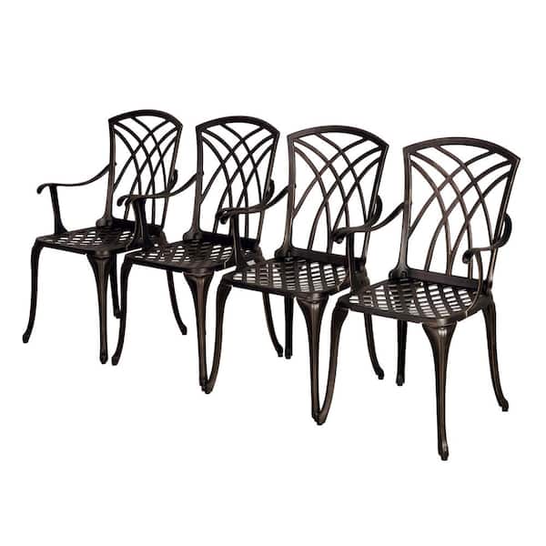 Kinger Home Lily Antique Bronze 4-Piece Cast Aluminum Outdoor Dining Metal Chairs with Lattice Weave Design