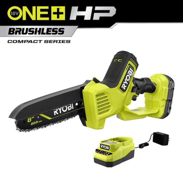 RYOBI ONE+ HP 18V Brushless 8 in. Battery Compact Pruning Mini Chainsaw with 2.0 Ah Battery and Charger