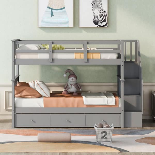 Gray Twin-Over-Twin Bunk Bed with Three Drawers for Bedroom