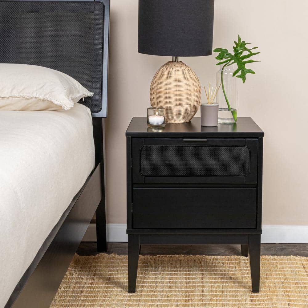 Black Wood Nightstand with Woven Cane Detail and 2 Drawers