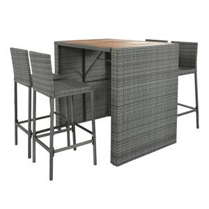 Gray 5-Piece Wicker Outdoor Serving Bar Set with Removable Cushion, Non-Slip Feet, Fixed Rope and Acacia Wood Table Top