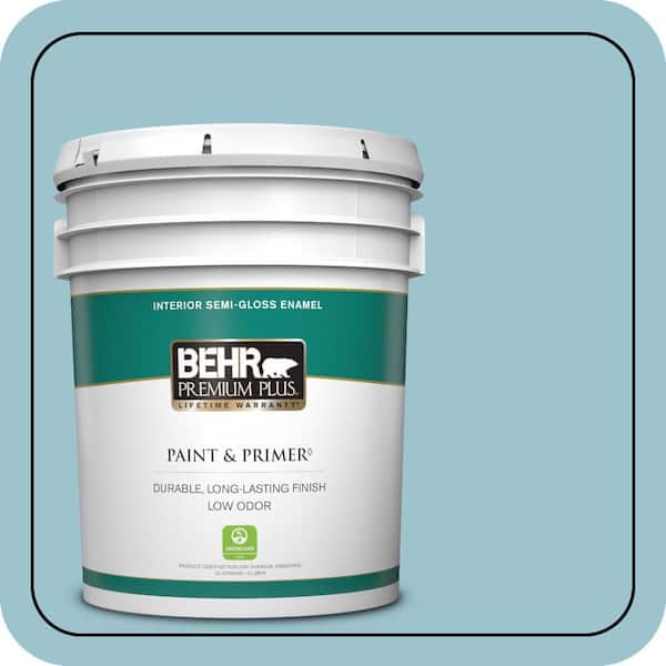 BEHR PREMIUM PLUS 5 gal. #ICC-99 Alluring Blue Semi-Gloss Enamel Low Odor Interior Paint & Primer
