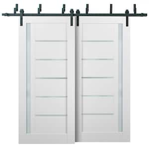 56 in. x 96 in. Lite Frosted Glass White Finished Pine MDF Sliding Barn Door with Hardware Kit