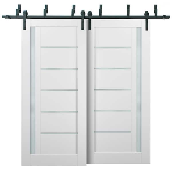 Sartodoors 72 in. x 80 in. Lite Frosted Glass White Finished Pine MDF Sliding Barn Door with Hardware Kit