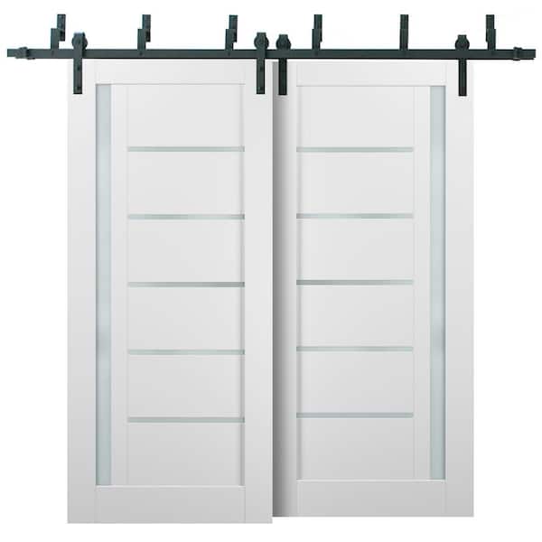 Sartodoors 72 in. x 84 in. 1-Panel 1/4 Lite Frosted Glass White Finished Solid Pine MDF Sliding Barn Door with Hardware Kit