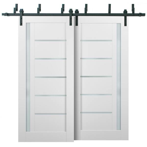 Sartodoors 4088 84 in. x 84 in. Frosted Glass White Finished Pine MDF Sliding Barn Door with Hardware Kit