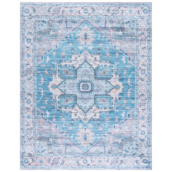 Martha Stewart Washable Gray/Turquoise 8 ft. x 10 ft. Machine Washable Floral Medallion Area Rug