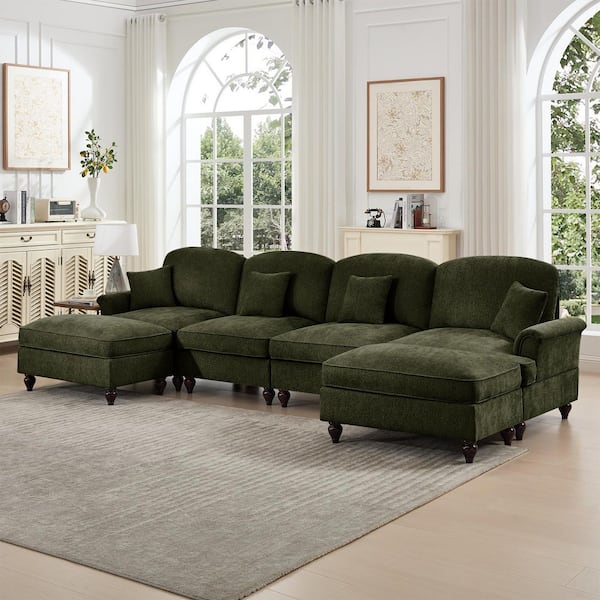 Fair 137.8 in. Flared Arms Chenille U-Shaped Sectional Sofa in Green, Removable Ruffles Pleats Skirts, 2 Ottomans