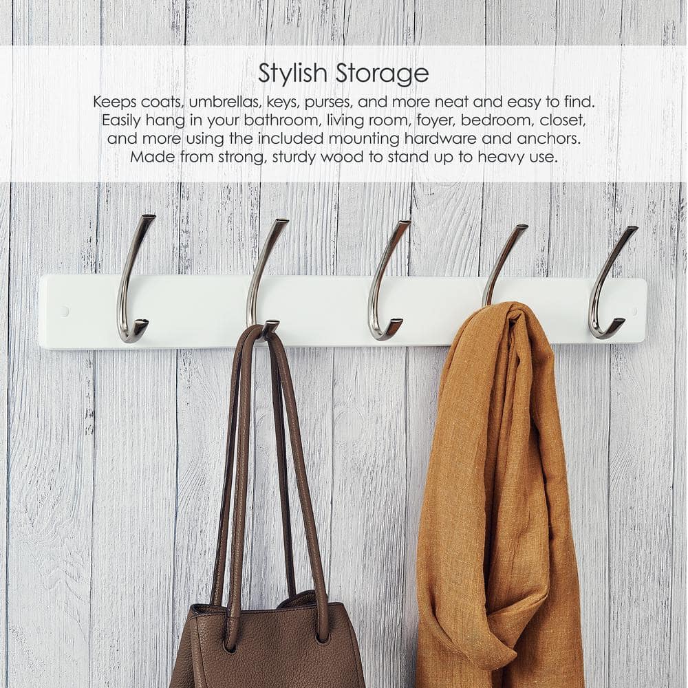 White Wall Mounted Coat Rack with 5 Metal Hooks