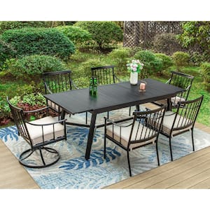 Black 7-Piece Metal Patio Outdoor Dining Set with Extensible Slat Table and Swivel Chairs with Beige Cushion