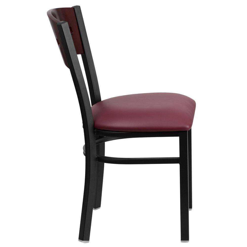 Side view of a restaurant chair with a mahogany wood back, burgundy vinyl seat, and black metal frame.